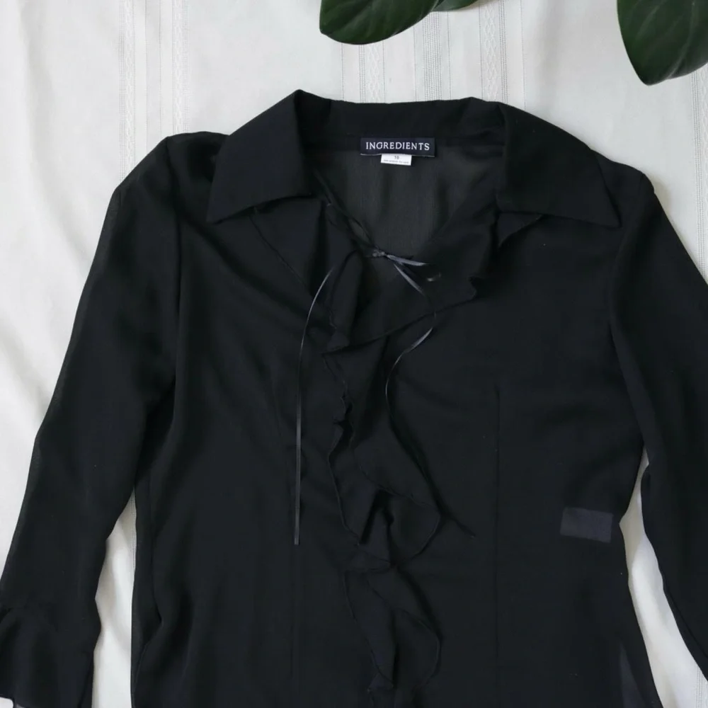 Black sheer mesh ruffle bell sleeve blouse - Picture 2 of 8